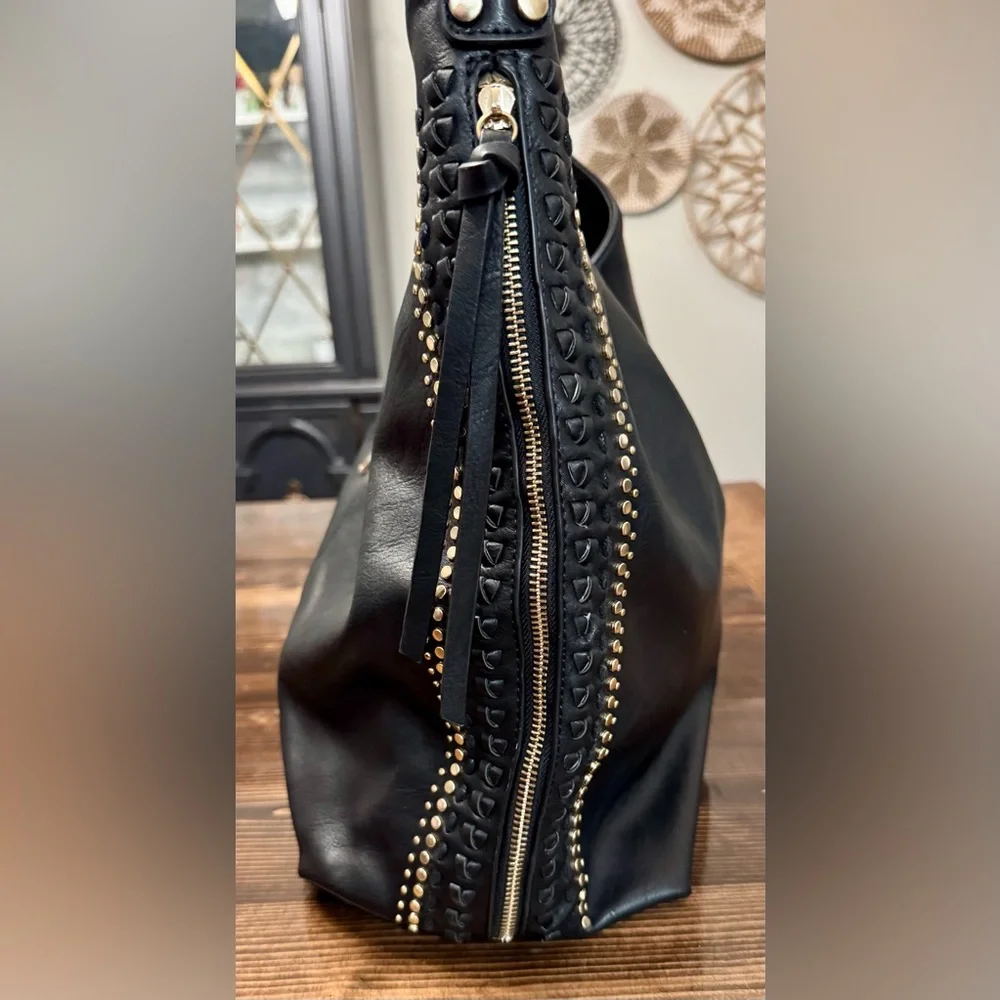 Moda‎ Luxe Large Black Studded Vegan Leather Hobo Bag with Whipstitch Trim